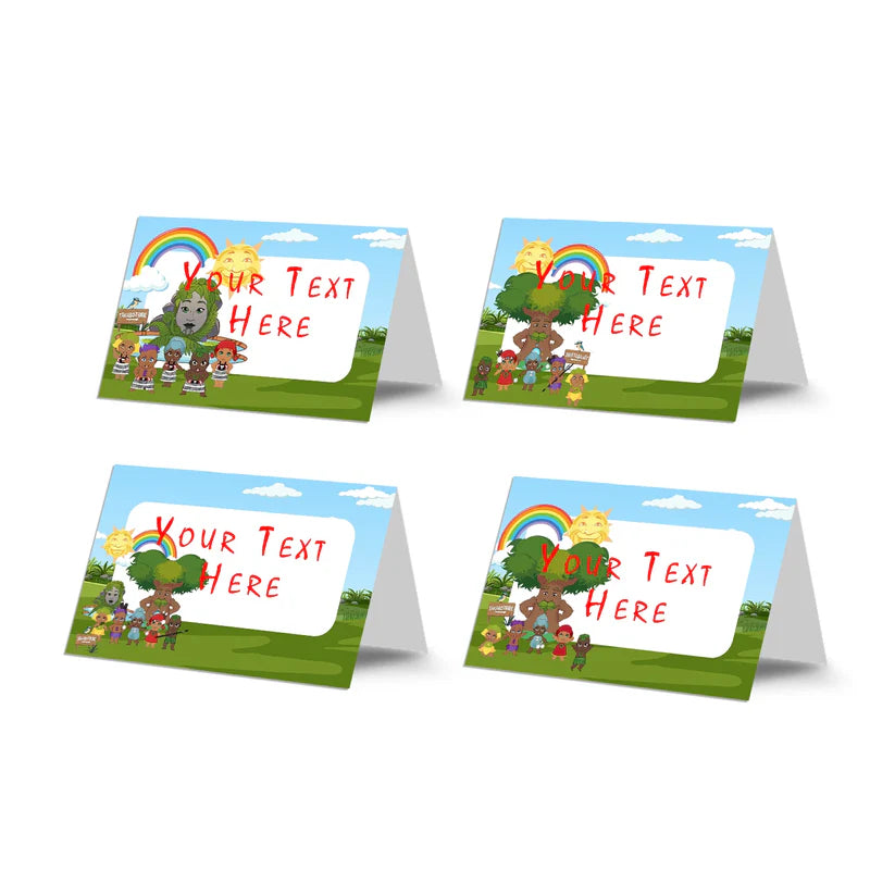 Takaro Tribe food cards with playful graphics on white background