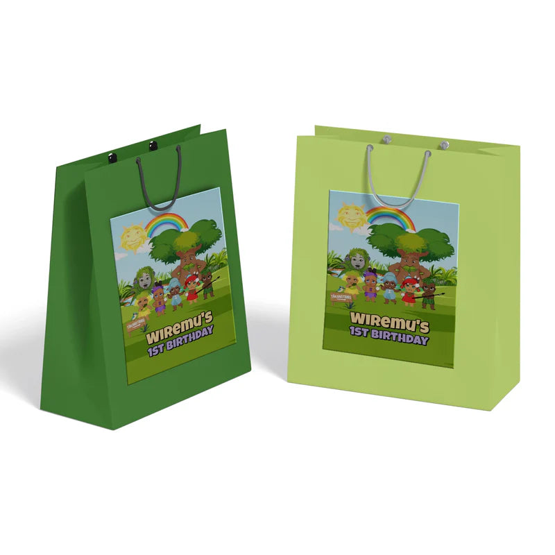 Takaro Tribe goodie bag label with themed colors and custom wording