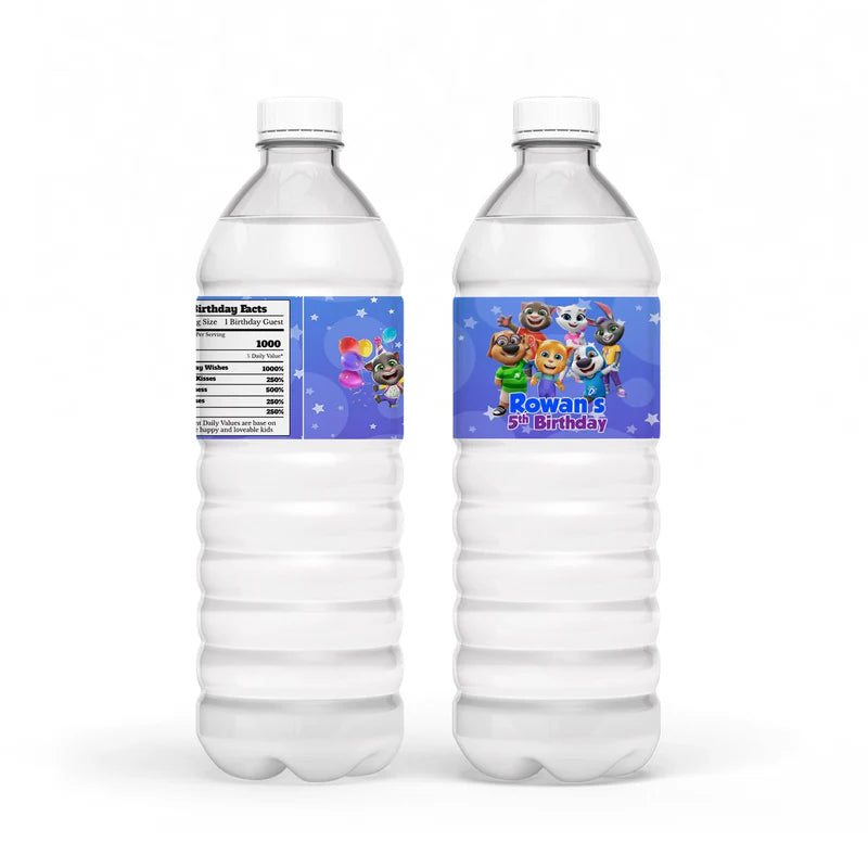 Talking Tom water bottle label with blue character pattern and personalized birthday message.