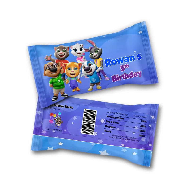 Talking Tom Skittles label with vibrant character patterns and custom name for candy pack wrappers.
