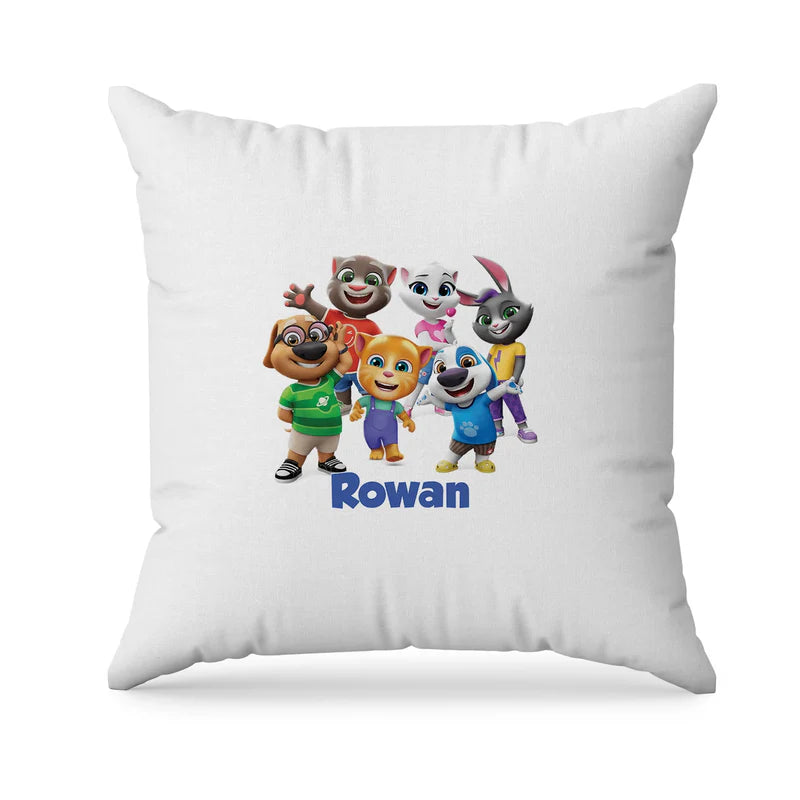 Talking Tom sublimation pillowcase with character graphic and custom name on soft white fabric.