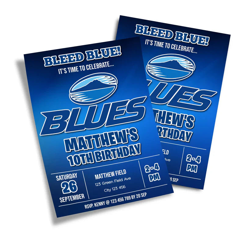 The Blues Rugby personalized birthday card invitations with a dark blue background, bold athletic font, and star accents.