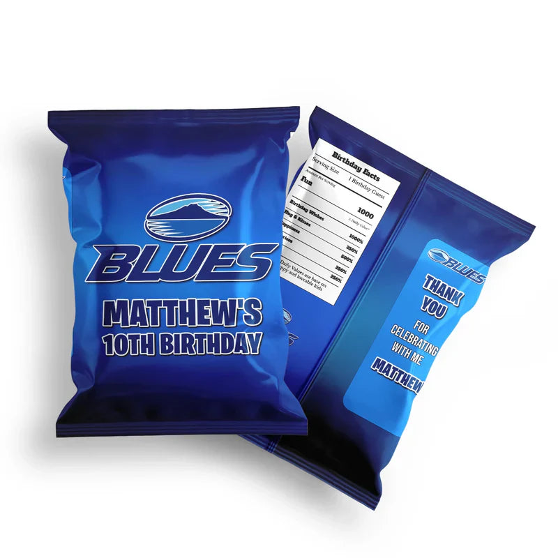 The Blues Rugby chips bag label featuring a glossy custom snack wrapper template with blue stadium lights and rugby graphics.