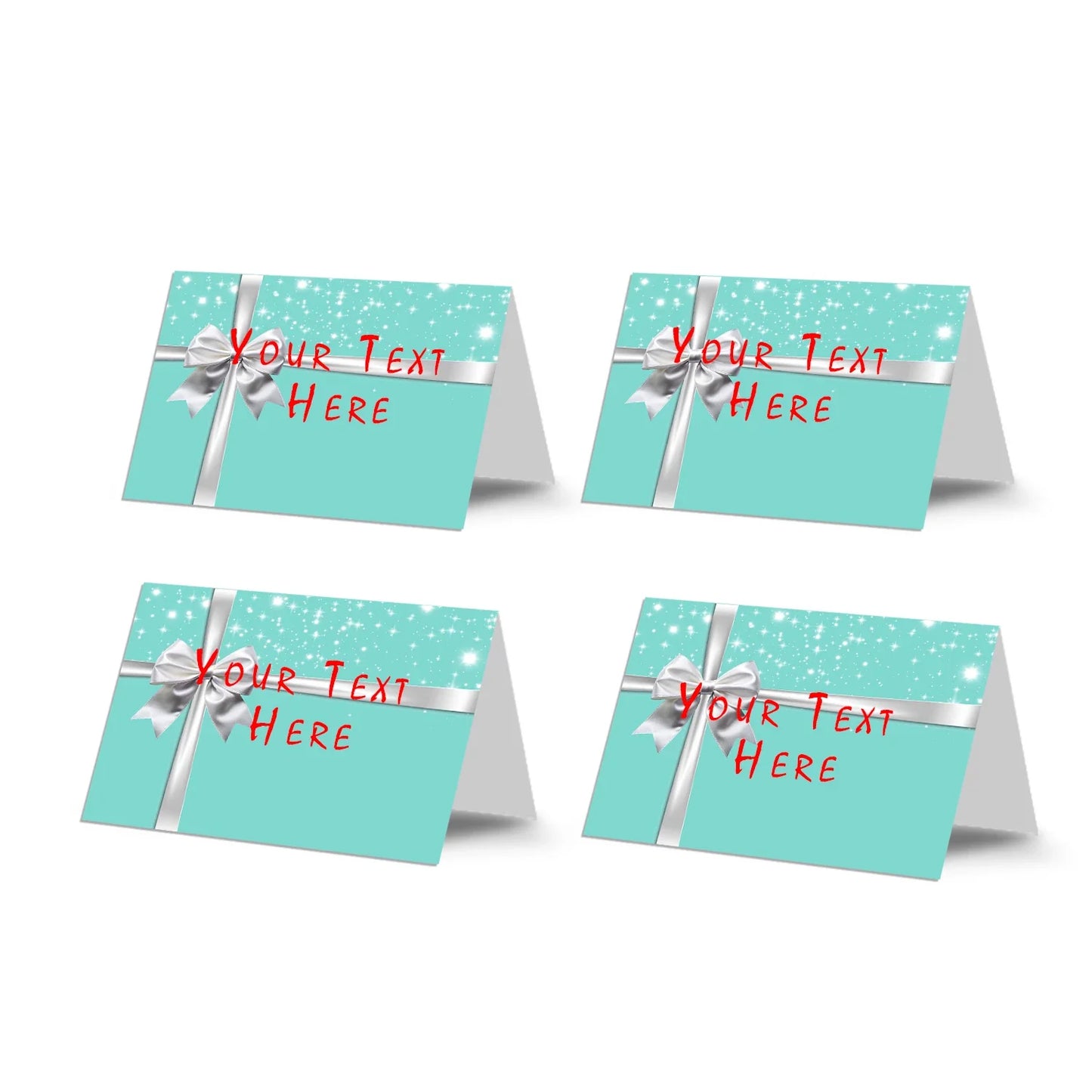 Tiffany & CO food cards with elegant teal borders and custom menu text for a luxury buffet display