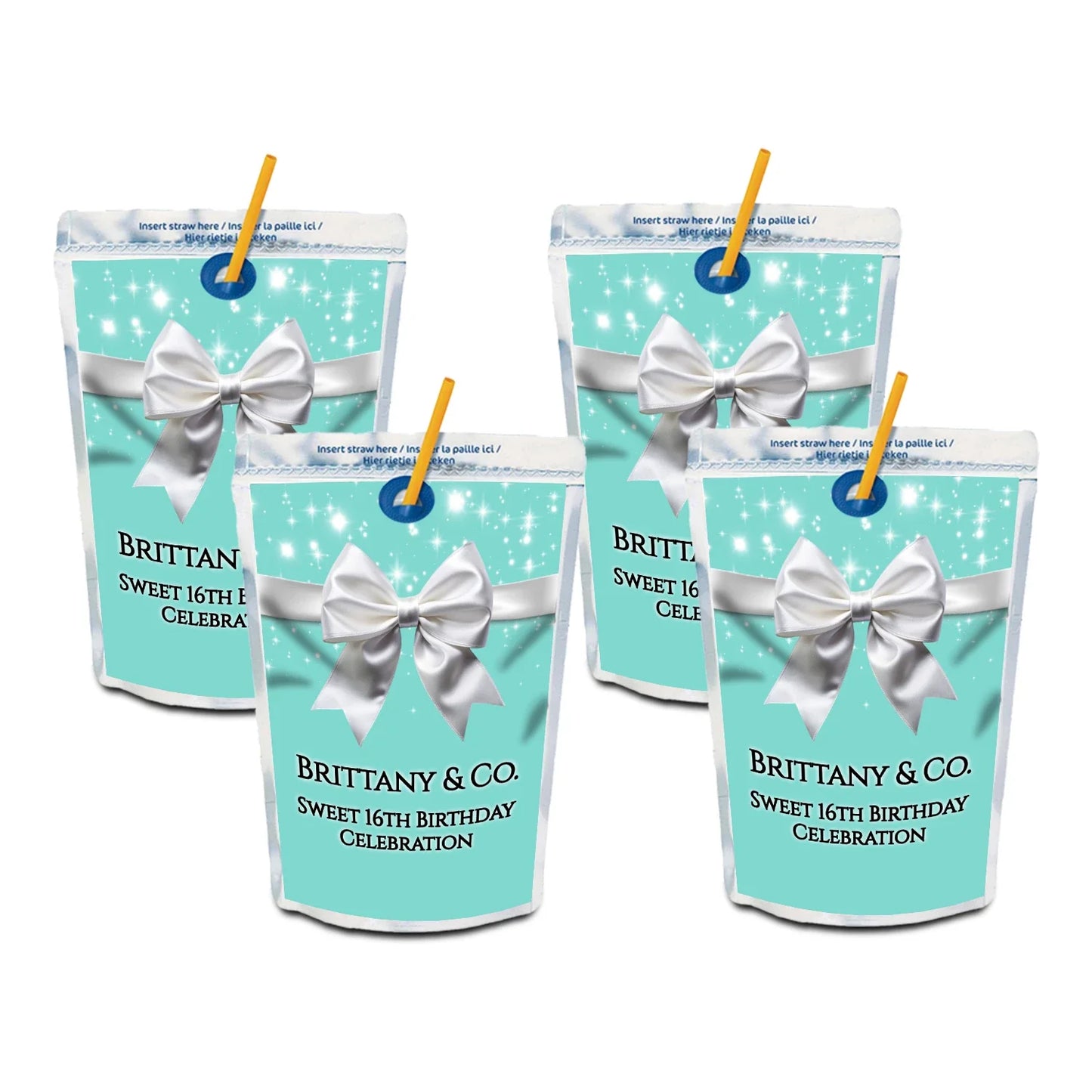 Tiffany & CO juice pouch label featuring a white bow design and custom text for a luxury birthday celebration