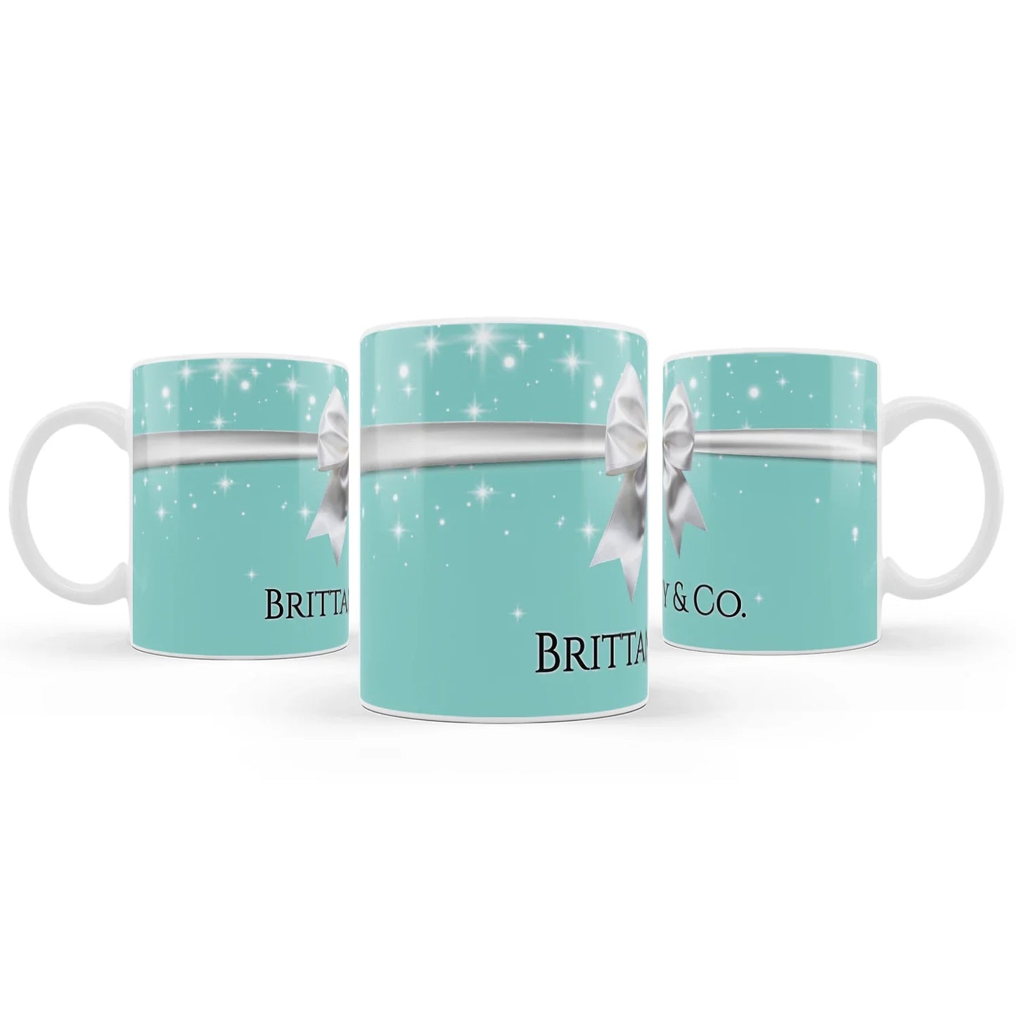 Tiffany & CO sublimation mug with classic blue box graphic and personalized name on a white ceramic surface