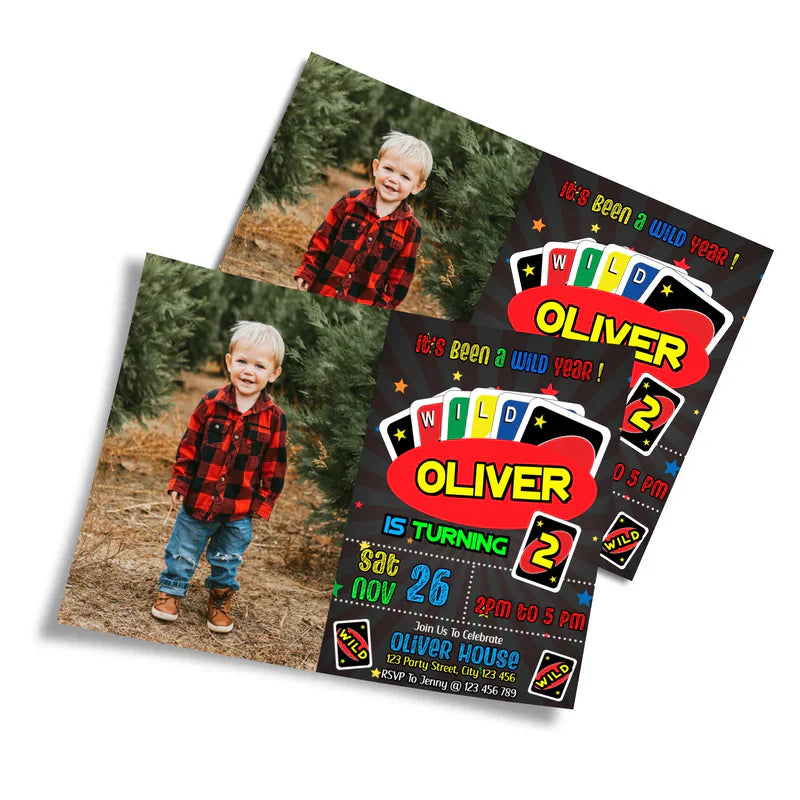 Uno photo card invitations with bright Uno border and photo space, printed and laid on white table