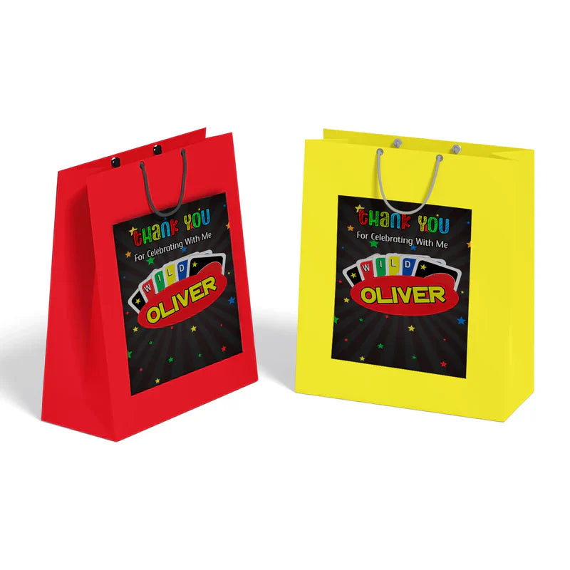 Uno goodie bag label with personalized text in colorful Uno font, sealed on plastic bag, white background