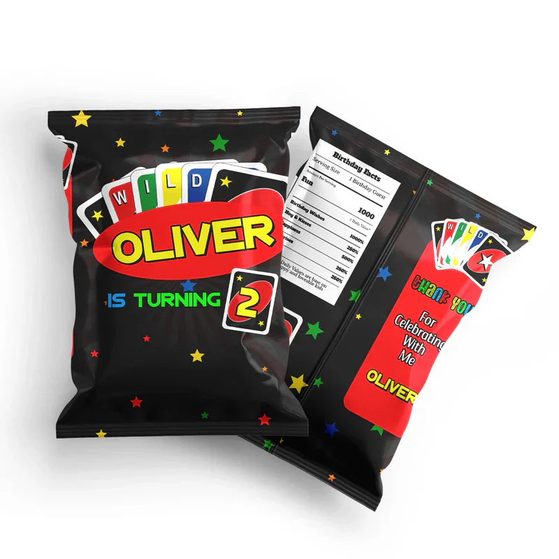 Uno chips bag label with editable name, vivid colors and game logo, applied to standard snack-size bag
