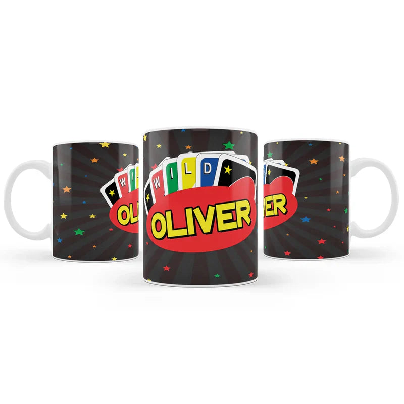 Uno sublimation mug with personalized name in Uno font, white ceramic surface, front-facing on white table
