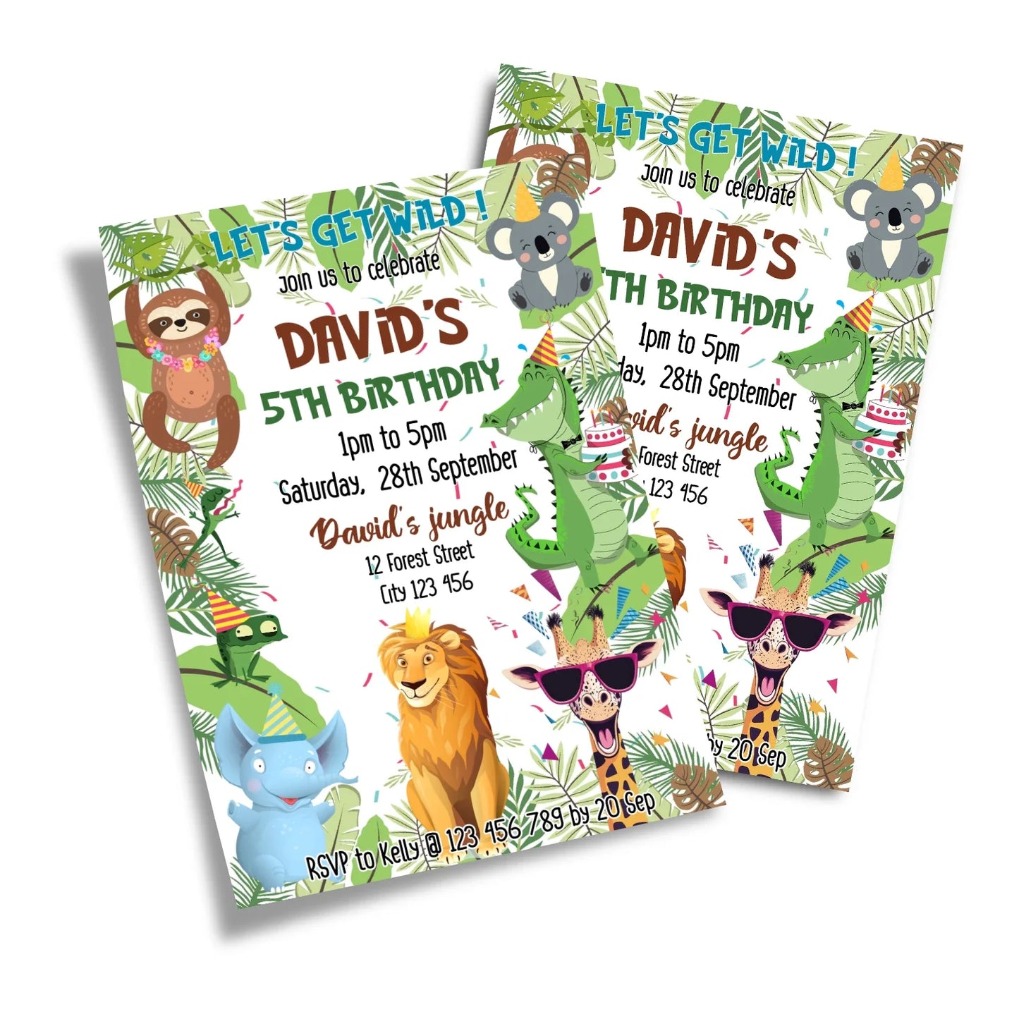 Zoo party personalized birthday card invitations with watercolor safari animals and custom event details on white background
