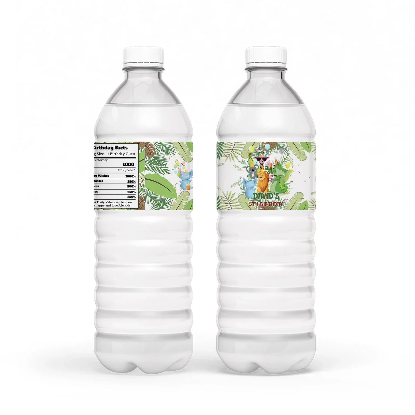 Zoo party water bottle label with green tropical leaves and cute safari animal patterns on white background