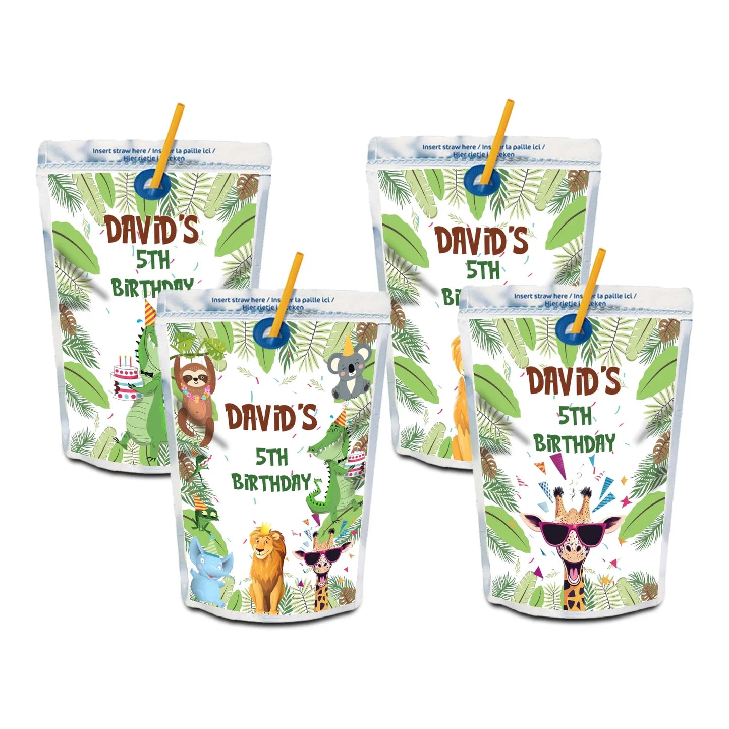 Zoo party juice pouch label with colorful zoo animal graphics and personalized birthday name on white background