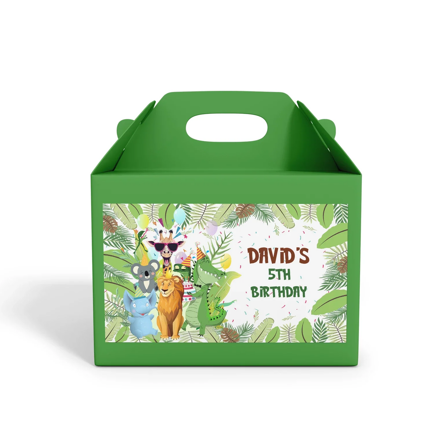 Zoo party treat box label featuring a 3D jungle scene and personalized birthday text on white background
