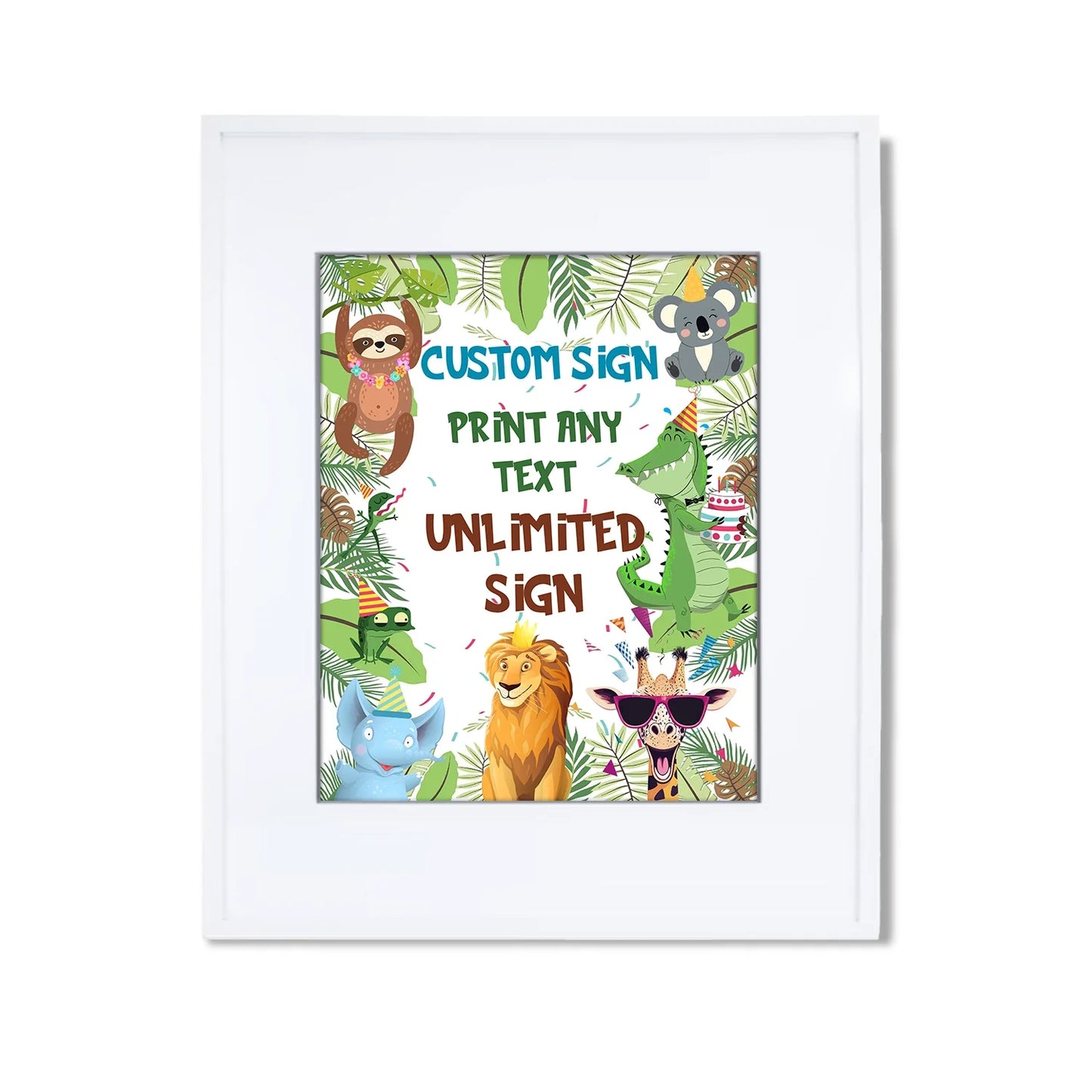 Zoo party custom sign with bold safari typography and animal illustrations for party decor on white background