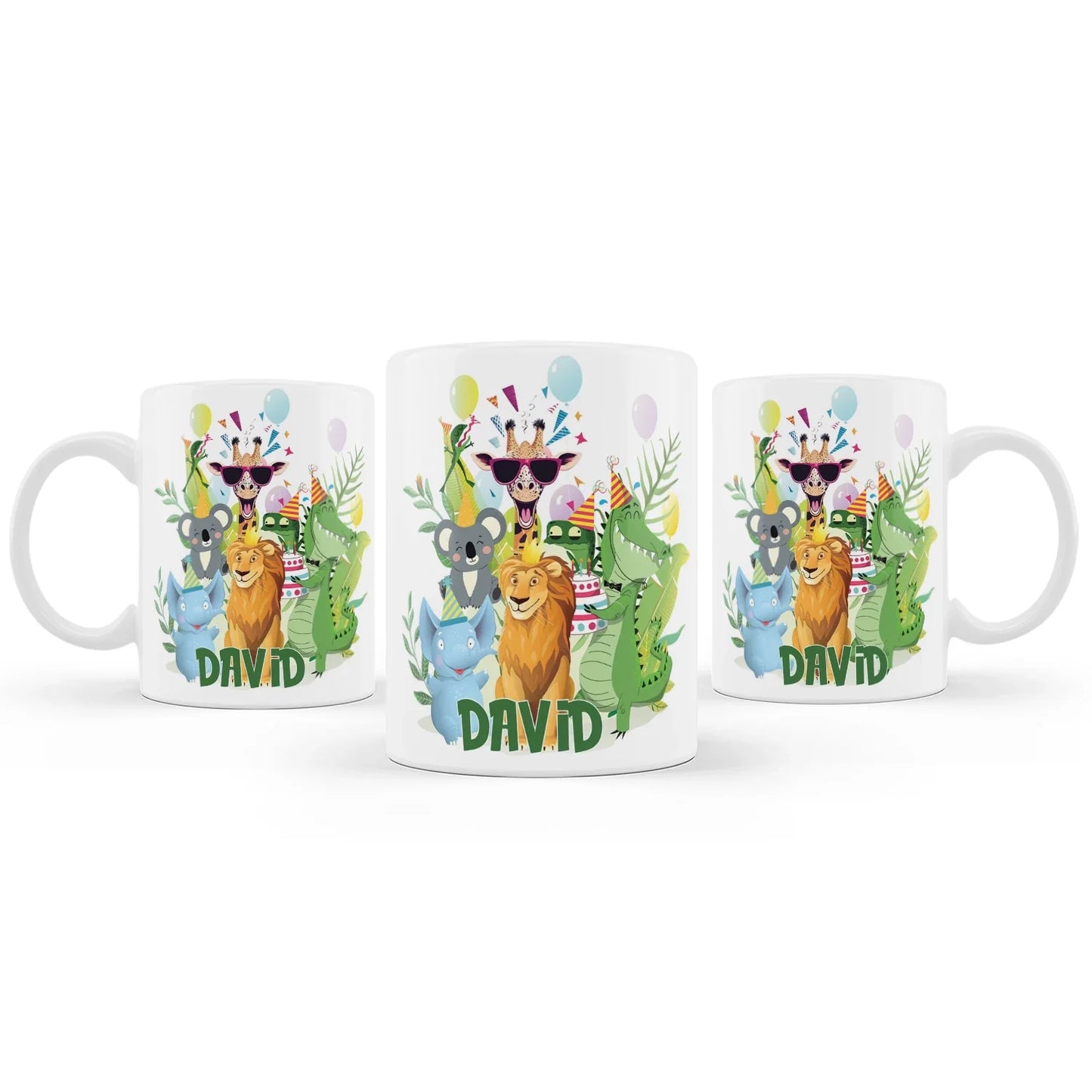 Zoo party sublimation mug featuring a wrap-around safari animal design and custom name on white background