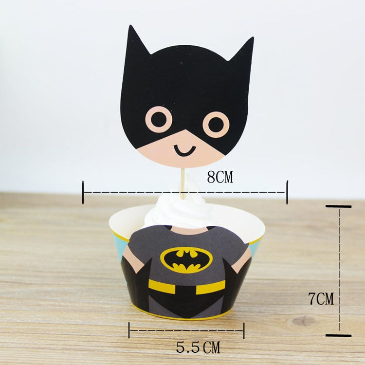 Batman-themed cupcake wrapper and topper set featuring iconic Batman-Signal designs, perfect for superhero-themed parties