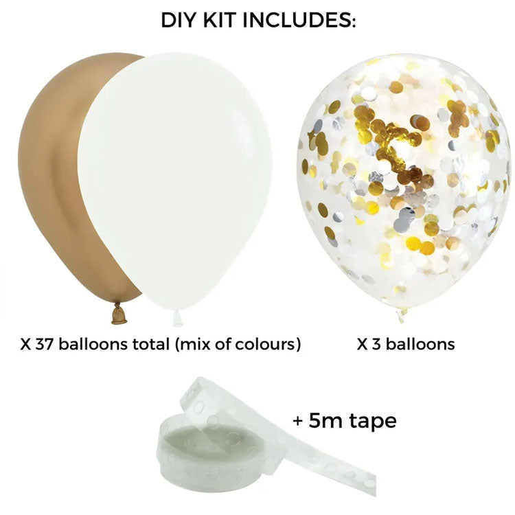gold confetti, gold and white balloon garland, perfect for vibrant party decorations and backdrops