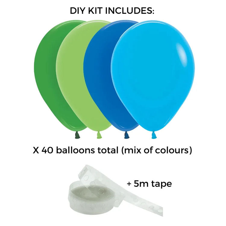 Blue and green balloon garland, perfect for vibrant party decorations and backdrops
