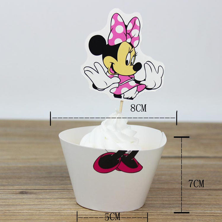 Minnie Mouse-themed cupcake wrapper and topper set, perfect for decorating birthday cupcakes