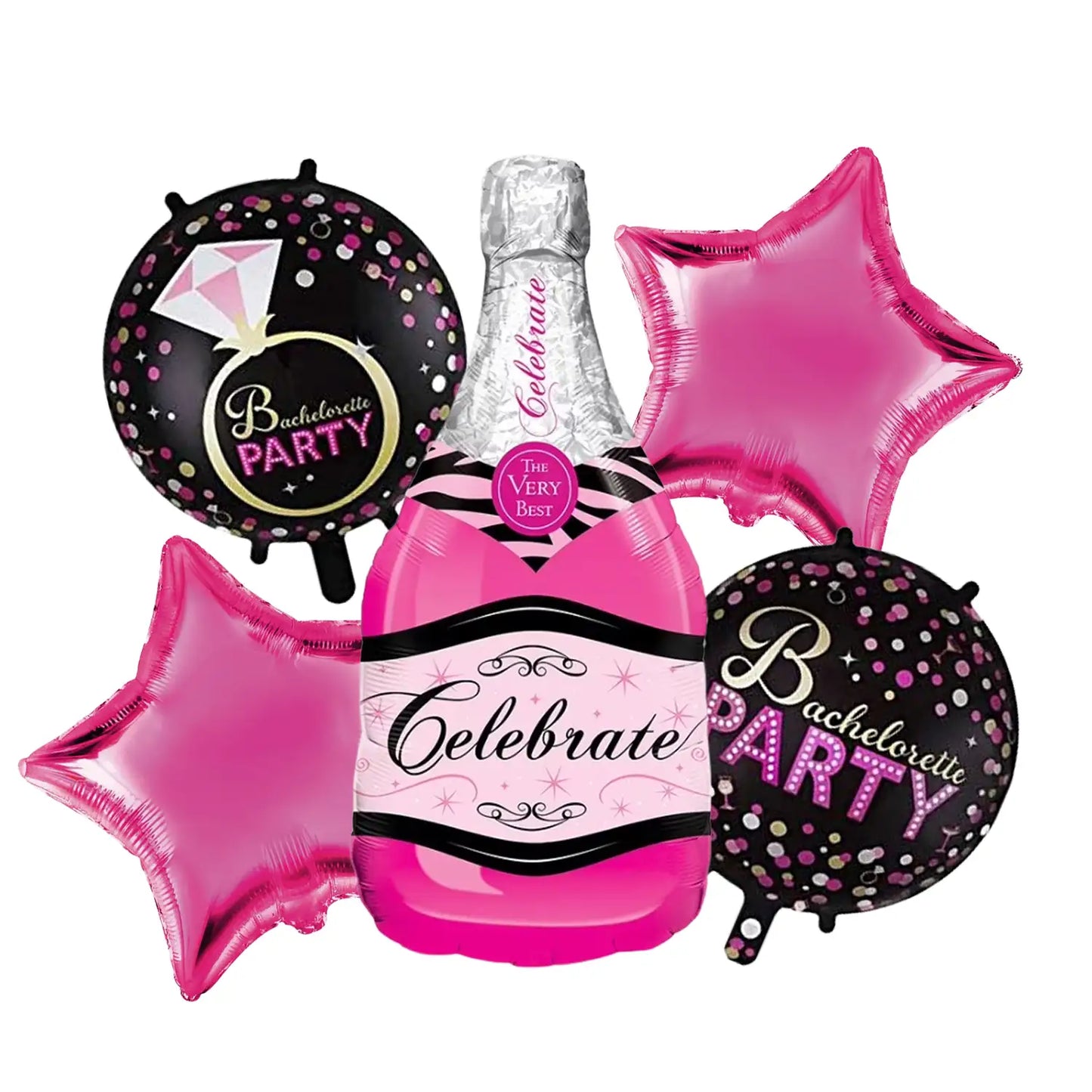5-piece bachelorette foil balloon pack with champagne bottle shapes