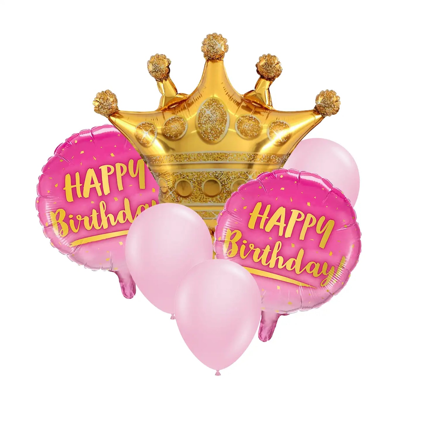 Pink and gold crown foil balloon set, 6pcs happy birthday balloon bouquet for girls, princess themed birthday party decorations, pink latex balloons 12 inch.