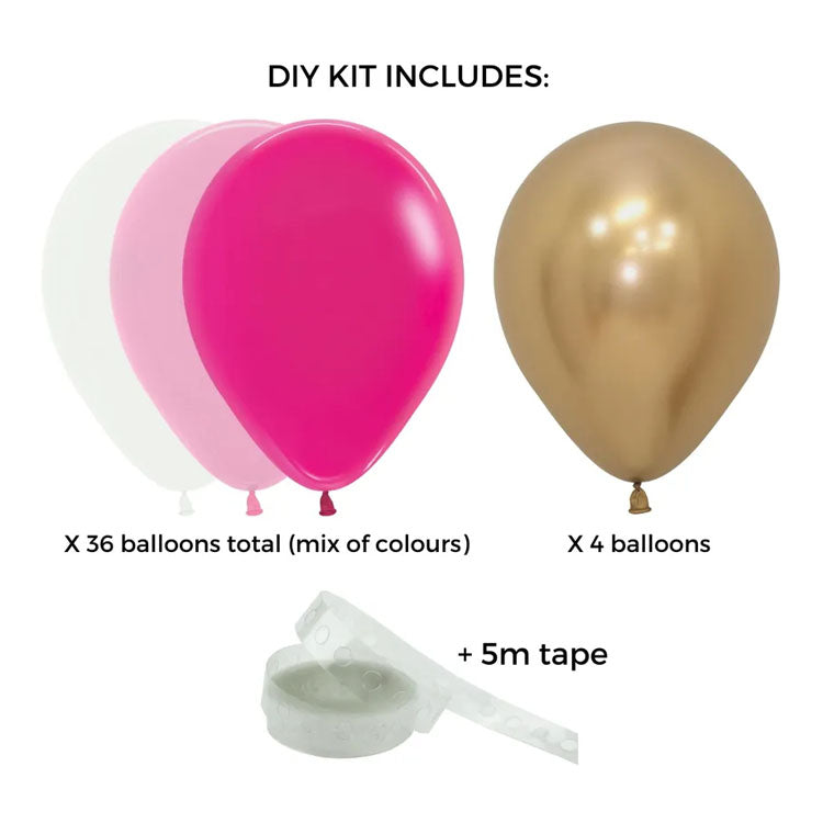 pink, gold and white balloon garland, perfect for vibrant party decorations and backdrops