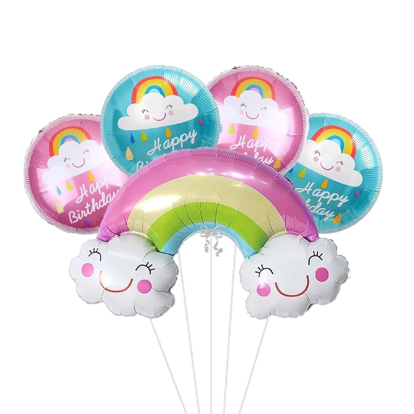 Happy Birthday Rainbow Theme Foil Balloon | Multicolour, Set of 5