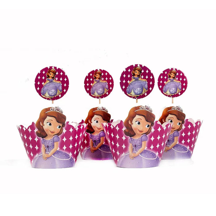 Princess Sophia-themed cupcake wrapper and topper set, ideal for decorating birthday treats