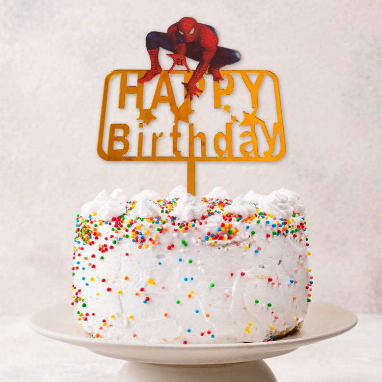 Gold acrylic Spider-Man cake topper featuring the iconic superhero, perfect for themed birthday cakes