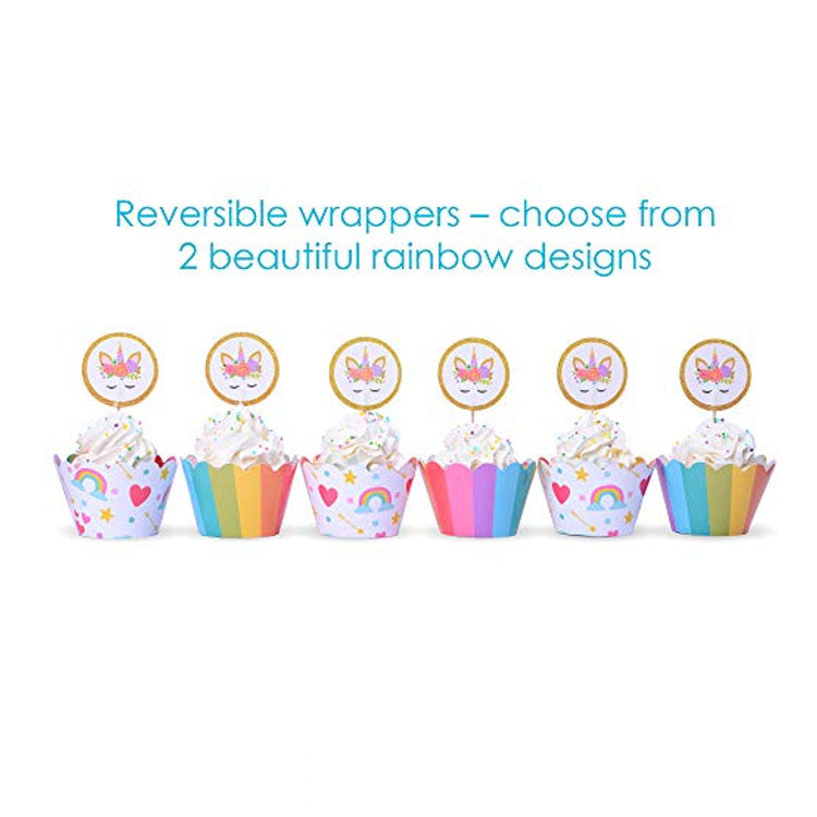 Unicorn rainbow cupcake wrapper and topper set, featuring colorful designs perfect for magical party treats