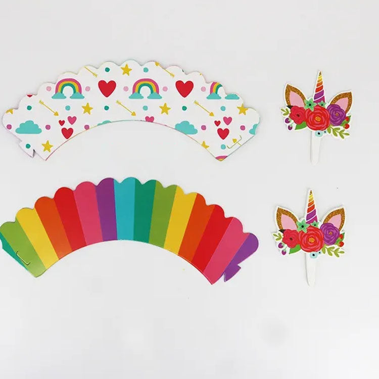 Unicorn rainbow cupcake wrapper and topper set, featuring colorful designs perfect for magical party treats