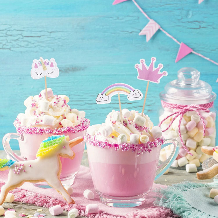 Unicorn and rainbow cupcake topper, ideal for adding a magical touch to party desserts