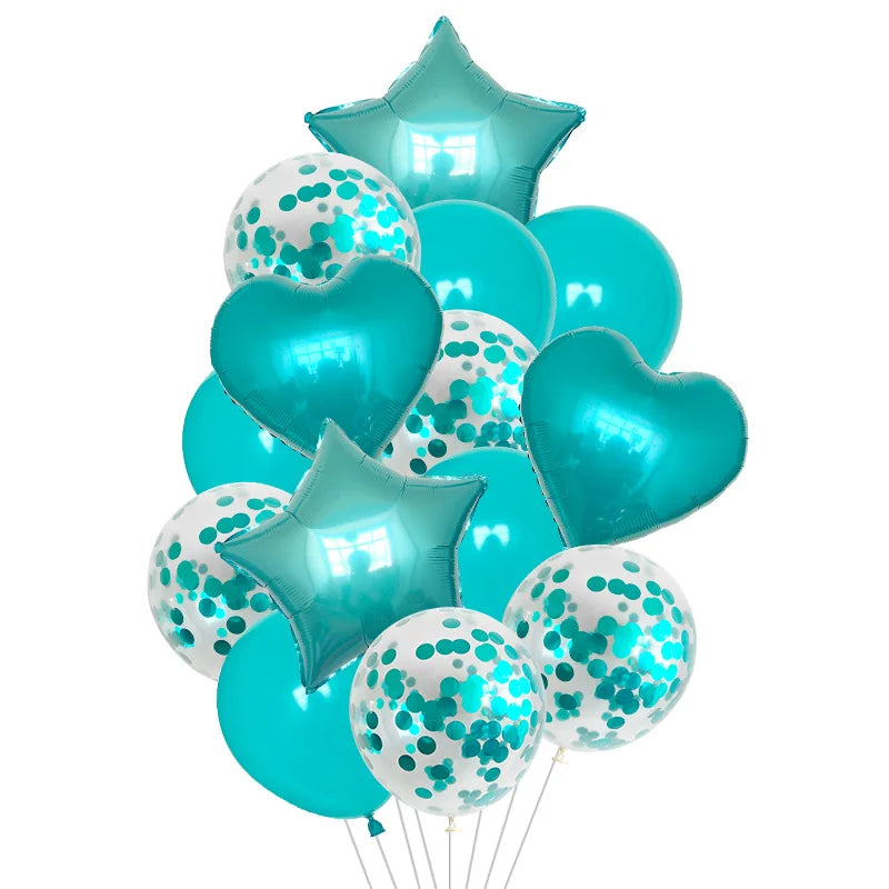 Teal 14-piece set of star and heart-shaped foil confetti latex balloons in various colors, perfect for party decorations.