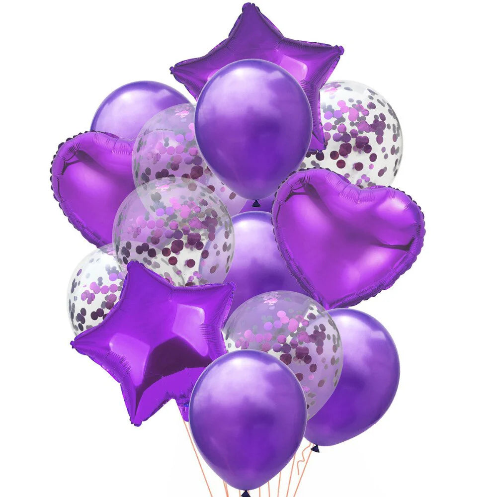 Purple 14-piece set of star and heart-shaped foil confetti latex balloons in various colors, perfect for party decorations.