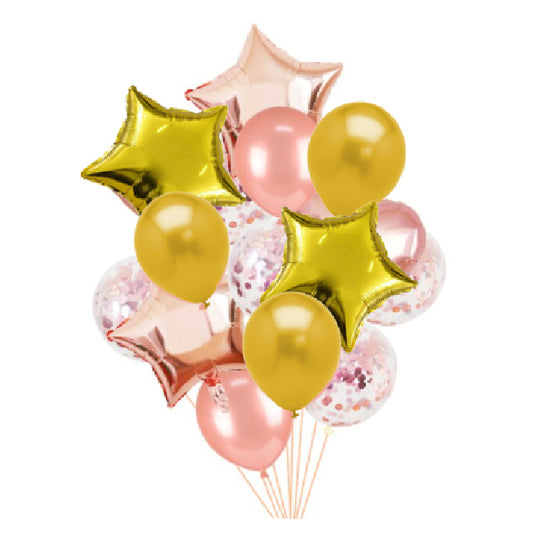 Rose Gold 14-piece set of star and heart-shaped foil confetti latex balloons in various colors, perfect for party decorations.