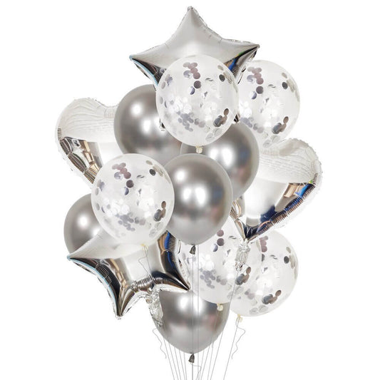 Silver 14-piece set of star and heart-shaped foil confetti latex balloons in various colors, perfect for party decorations.