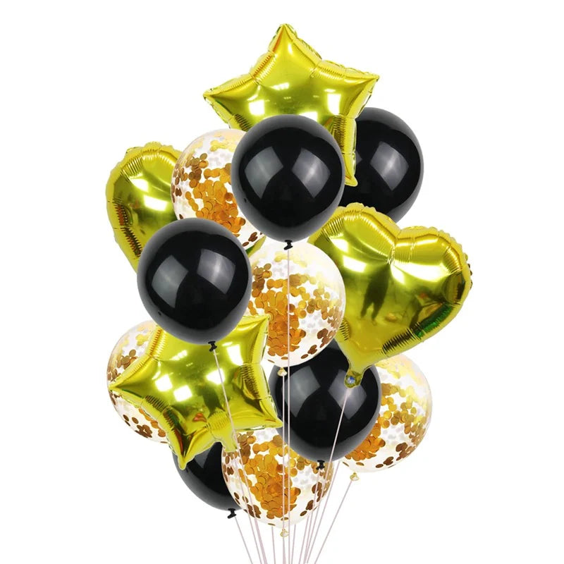 Black gold 14-piece set of star and heart-shaped foil confetti latex balloons in various colors, perfect for party decorations.