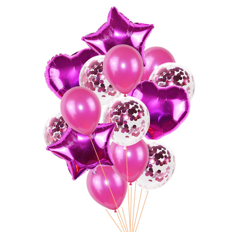 Dark Pink 14-piece set of star and heart-shaped foil confetti latex balloons in various colors, perfect for party decorations.