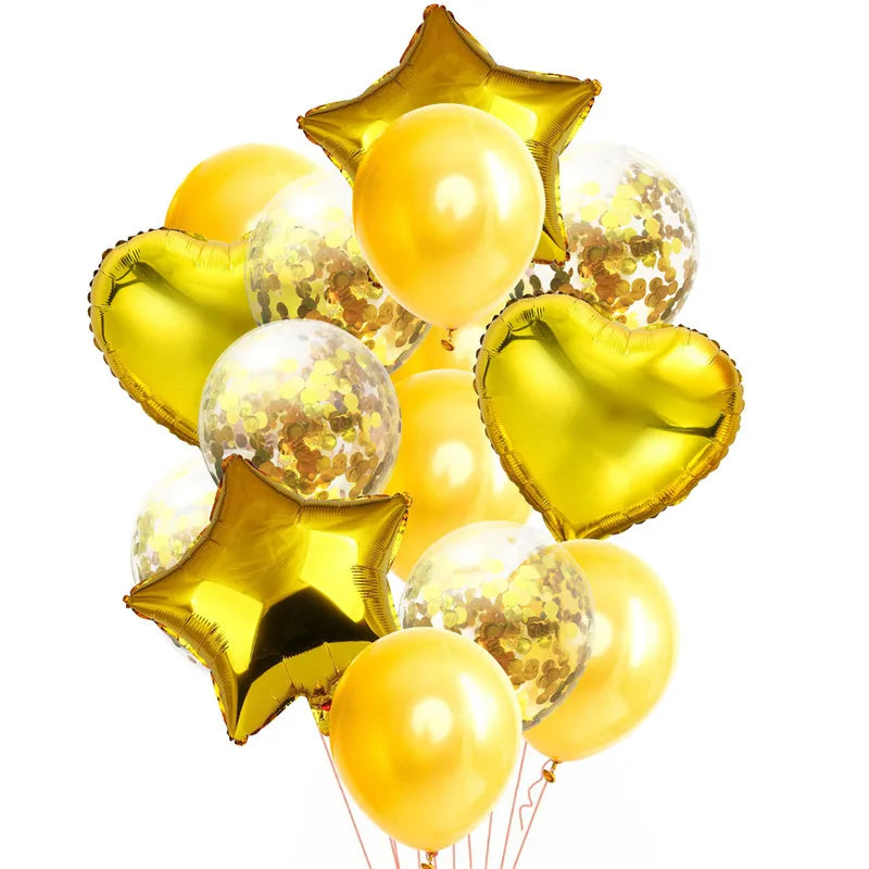 Gold 14-piece set of star and heart-shaped foil confetti latex balloons in various colors, perfect for party decorations.