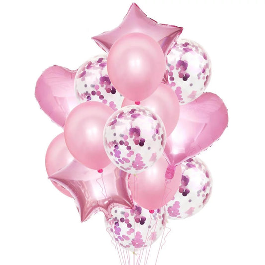 Pink 14-piece set of star and heart-shaped foil confetti latex balloons in various colors, perfect for party decorations.