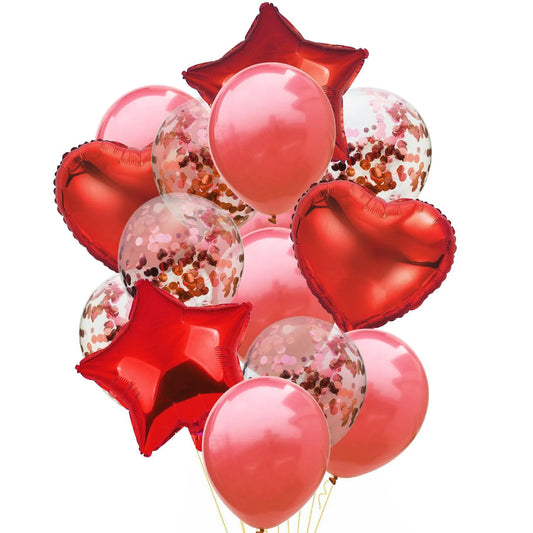 Red 14-piece set of star and heart-shaped foil confetti latex balloons in various colors, perfect for party decorations.