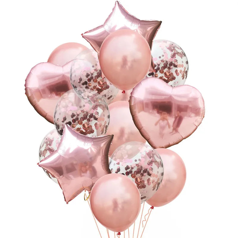 Rose Gold 14-piece set of star and heart-shaped foil confetti latex balloons in various colors, perfect for party decorations.