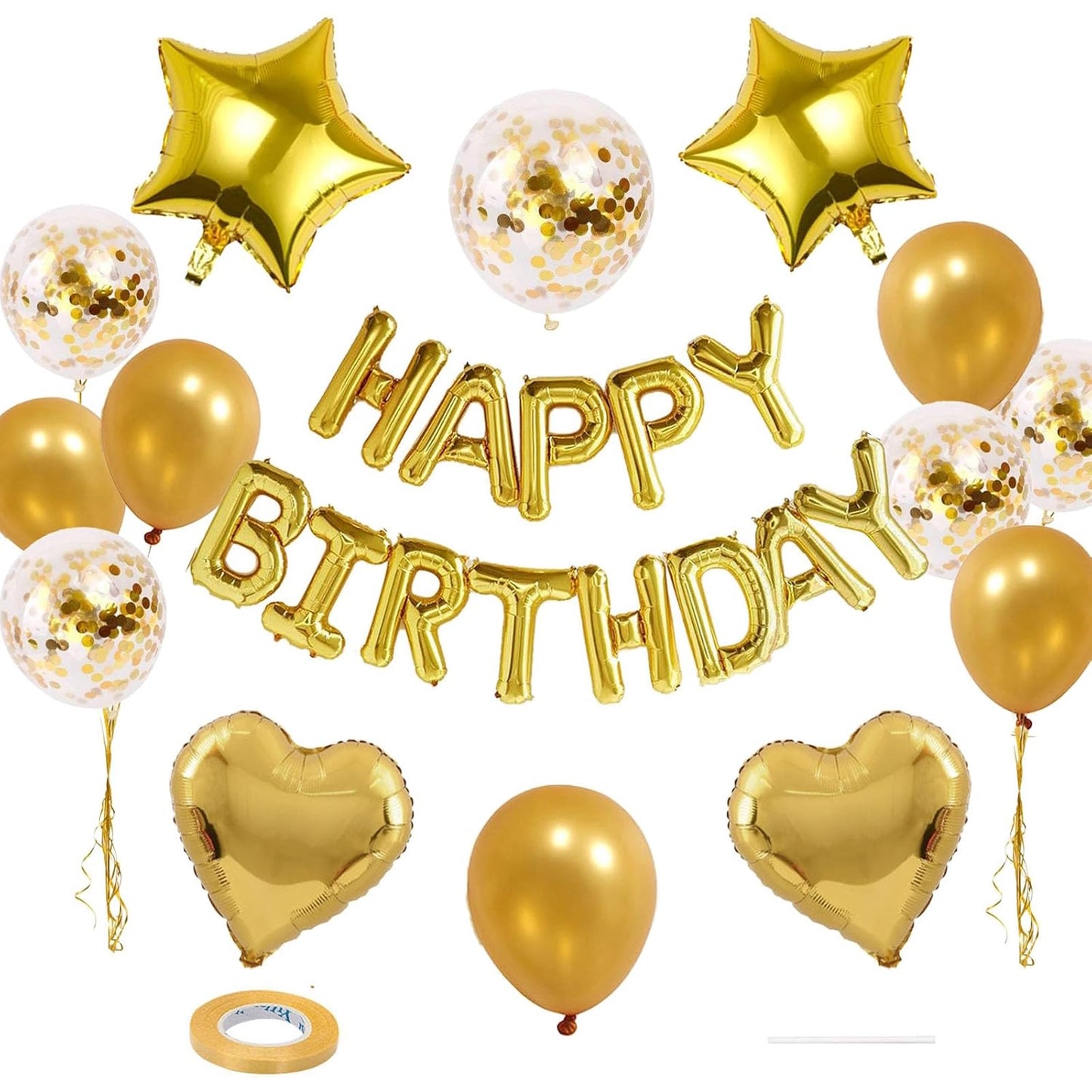 Happy Birthday Foil Balloon Banner Kit Confetti set | Pack of 27pcs, Gold