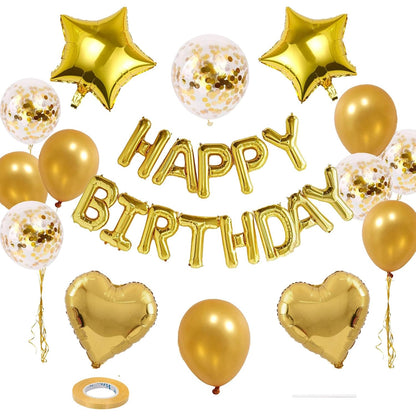 Happy Birthday Foil Balloon Banner Kit Confetti set | Pack of 27pcs, Gold