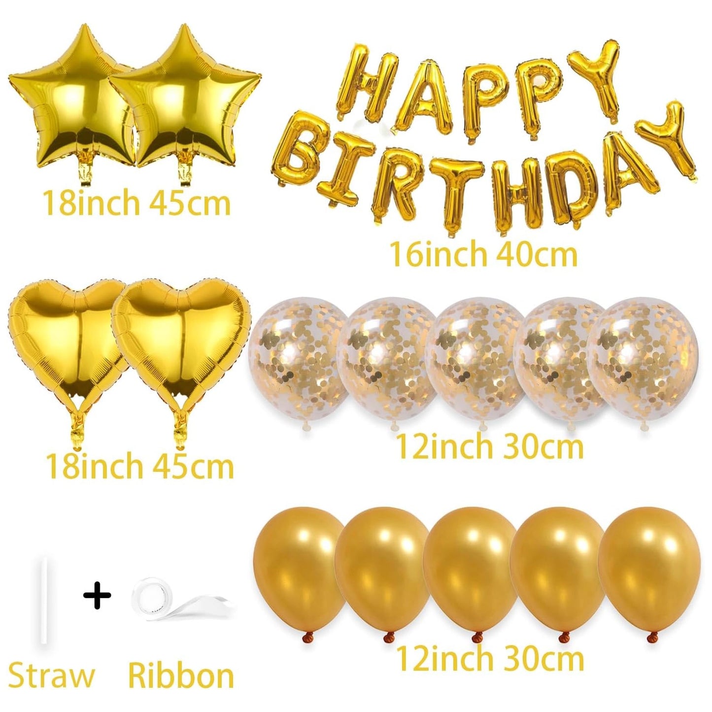 Happy Birthday Foil Balloon Banner Kit Confetti set | Pack of 27pcs, Gold