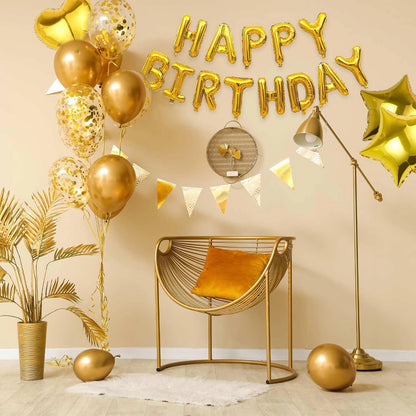 Happy Birthday Foil Balloon Banner Kit Confetti set | Pack of 27pcs, Gold