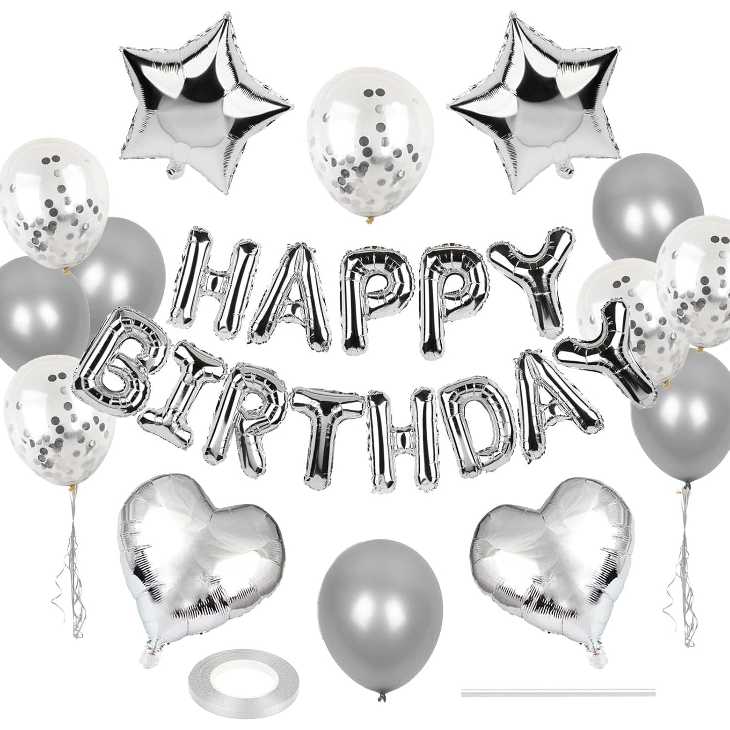 Happy Birthday Foil Balloon Banner Kit Confetti set | Pack of 27pcs, Silver