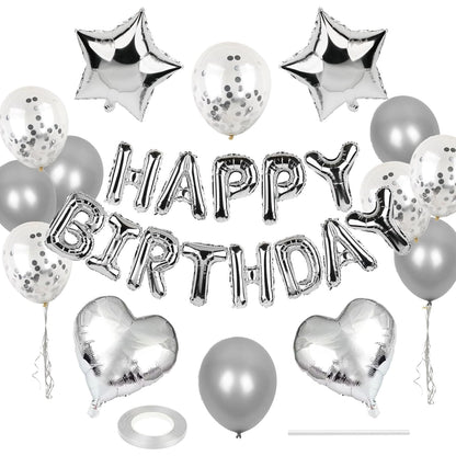 Happy Birthday Foil Balloon Banner Kit Confetti set | Pack of 27pcs, Silver