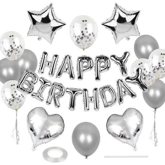 Happy Birthday Foil Balloon Banner Kit Confetti set | Pack of 27pcs, Silver